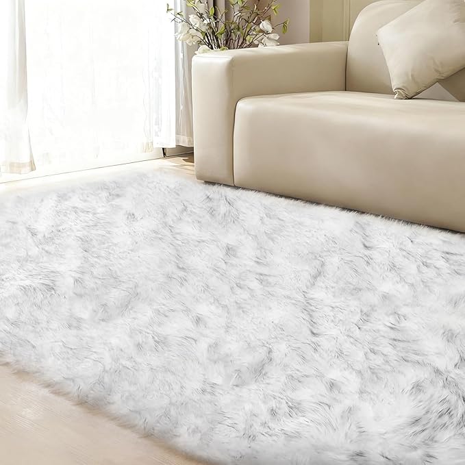 ORINOVA Gray and White Area Rug 6x9 Rugs for Bedroom Fuzzy Plush Large Sheepskin Washable Fluffy Fur Rug for Living Room Nursery Rug