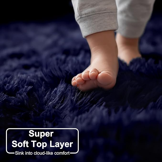 Dark Navy Round Rug 6Ft for Living Room Boys Bedroom, Fluffy Furry Fuzzy Plush Circle Area Rugs for Kids Room Decor Aesthetic, Indigo Shag Cool Dark Blue Carpet for Classroom Teen Dorm Baby Nursery