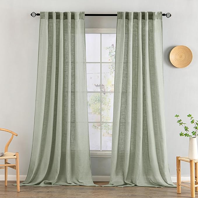 MIULEE Sage Linen Curtains 90 Inch Length 2 Panels for Bedroom Living Room,Green Soft Thick Linen Textured Window Drapes Semi Sheer Light Filtering Back Tab Rod Pocket Burlap Look Decor