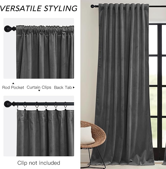 RYB HOME Grey Velvet Curtains 84 inches - Super Soft Blackout Curtains Thermal Insulated Drapes Heat Block Window Panels for Living Room Bedroom Studio, Wide 52 x Long 84, Grey, 2 Panels