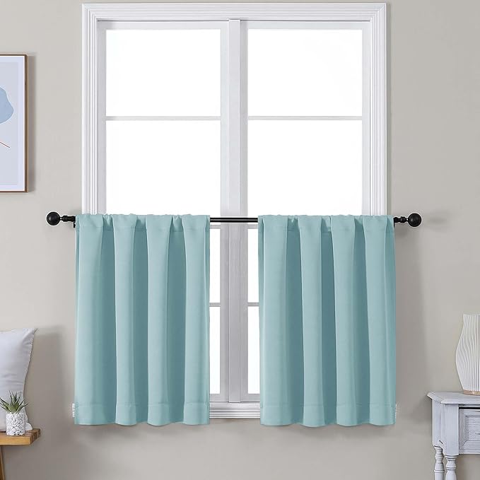 Simplebrand Ava Aqua Short 24 Inches Blackout Curtain 2 Panels Set, Half Window Rod Pocket Privacy Curtain Tiers for Kitchen, Curtains Blackout for Bathroom Shades, W30 x L24 Inch, Aqua