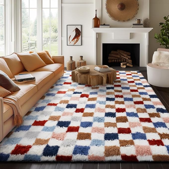 Ophanie Checkered Rainbow Rug for Living Room Bedroom, Colorful Fluffy Soft Cute Fuzzy Area Rugs, Shag Plush Shaggy Bedside Floor 8x10 Furry Carpet for Kids Teen Dorm Nursery Home Decor Aesthetic