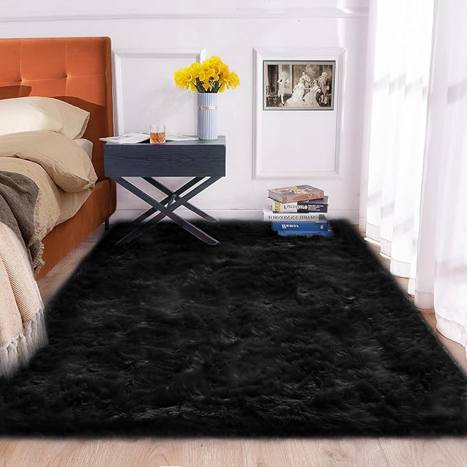 ORINOVA Washable Area Rugs 9x12 Living Room Large Black Faux Sheepskin Shaggy Fur Rug for Nursery Fluffy Rug for Bedroom Rectangle
