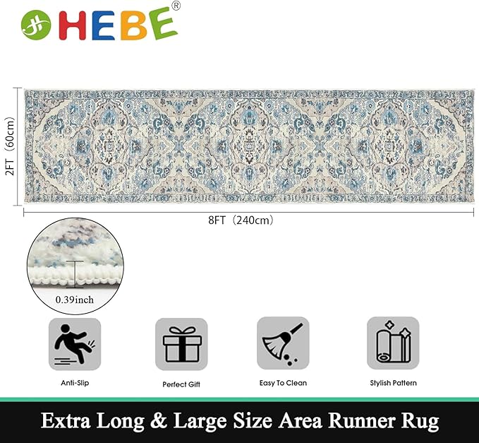 HEBE Hallway Runner Rug 2'x8' Washable Vintage Distressed Area Rugs Non Slip Laundry Rug Runner Boho Floor Carpet Runners for Hallways Entryway Laundry Room Kitchen Bathroom