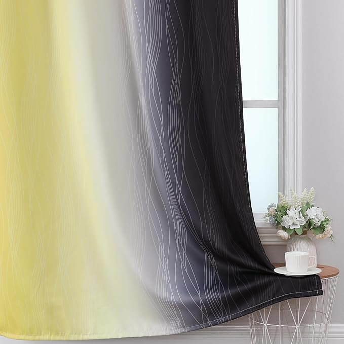 Estelar Textiler Yellow and Black Ombre Blackout Curtains for Bedroom, Thermal Insulated Gradient Blackout Drapes, Full Room Darkening Energy Saving Curtains for Living Room, 42Wx72L, 2 Panels
