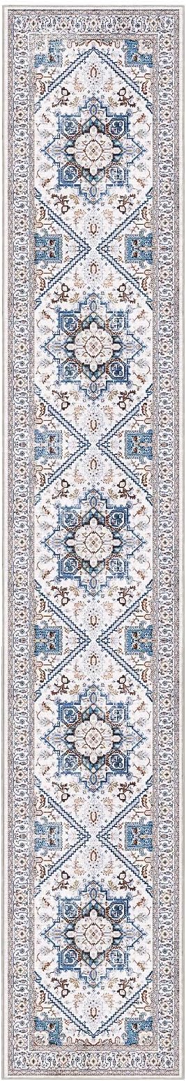 OPPODREAM Soft Entryway Rug 2x12, 2x12 Rug Runner, Neutral Washable Hallways Carpet 2 x 12 with Non Slip Backing, Low-Pile Bedside Carpet 2 x 12, Long, Faux Cashmere, Cream White & Blue & Light Brown