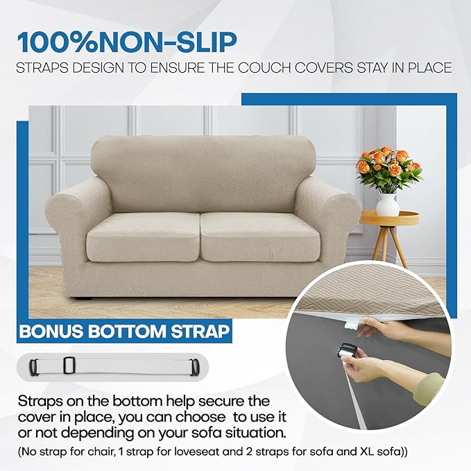 XINEAGE 2026 New 2 Pieces Chair Covers with Arms Super Stretch Chair Slipcover for Living Room Pet Dog Universal Slip Cover Anti Slip Armchair Furniture Protector (Khaki), 31"-46"(1 Cushion)