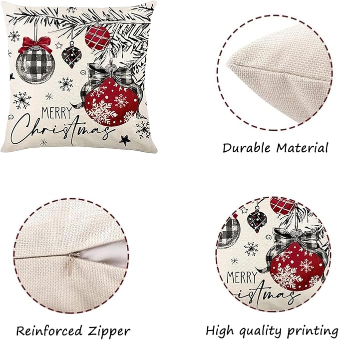 ONFAON Christmas Decorations - Merry Christmas Trees Red Throw Pillow Covers 18x18 Set of 4,Winter Holiday Decor Throw Cushion Case for Home Couch
