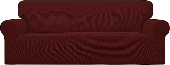 Easy-Going Stretch Sofa Slipcover 1-Piece Sofa Cover Furniture Protector Couch Soft with Elastic Bottom for Kids, Polyester Spandex Jacquard Fabric Small Checks (Sofa, Wine)