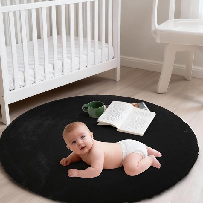 ThreadGlobe Fluffy Faux Rabbit Fur Circle Rug 3'x3', Cloud-Soft Area Rug for Bedroom & Nursery, Non-Slip No-Shed Design, Machine Washable Rug, Black, 3x3 Ft