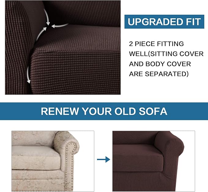H.VERSAILTEX 2-Pieces Chair Cover Slipcover Furniture Protector Armchair Cover Couch Covers Fit Chair Width Up to 47 Inch, Jacquard Spandex Slipcover Skid Resistance (Chair, Brown)
