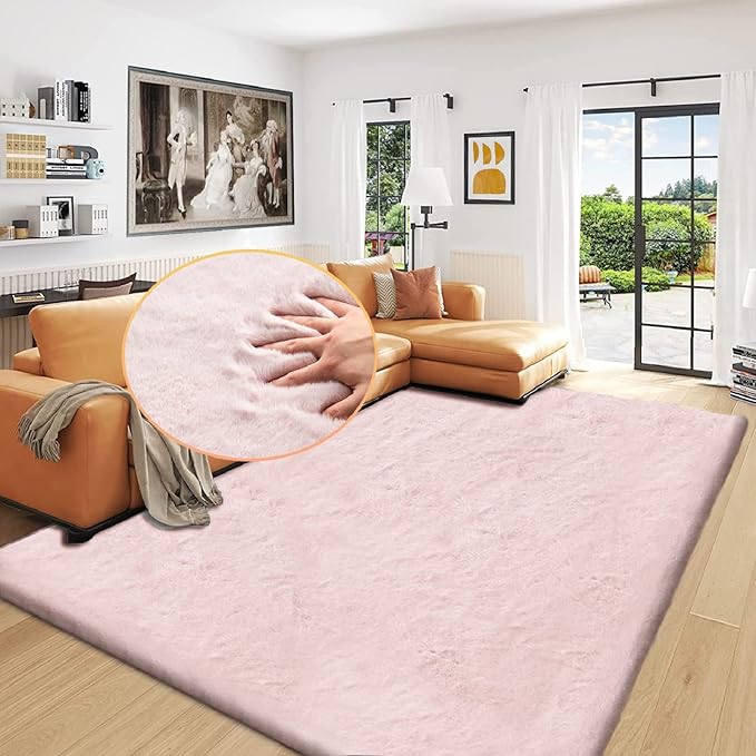 ORINOVA Shag Rug 6x9 Area Rugs for Living Room Pink Fuzzy Washable Faux Rabbit Furry Fur Rugs Bedroom Nursery Rug