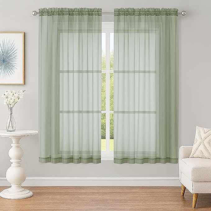 OWENIE Sheer Sage Green Curtains, Sheer Curtains 63 inch Length 2 Panels Set, Rod Pocket Voile Fimly Sheer Drapes for Living Room Bedroom, 2pcs, Sage Green, Each 59" W x 63" L