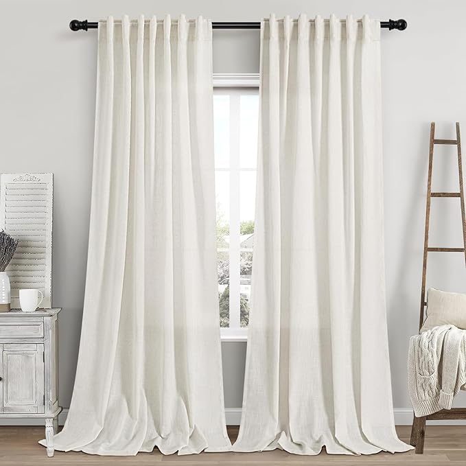 Cream Linen Curtains 103 Inches Long 2 Panels Set for Living Room Extra Long Back Tab Curtains Neutral Farmhouse Light Filtering Semi Sheer Linen Drapes Ceiling to Floor for Large Window 52x103