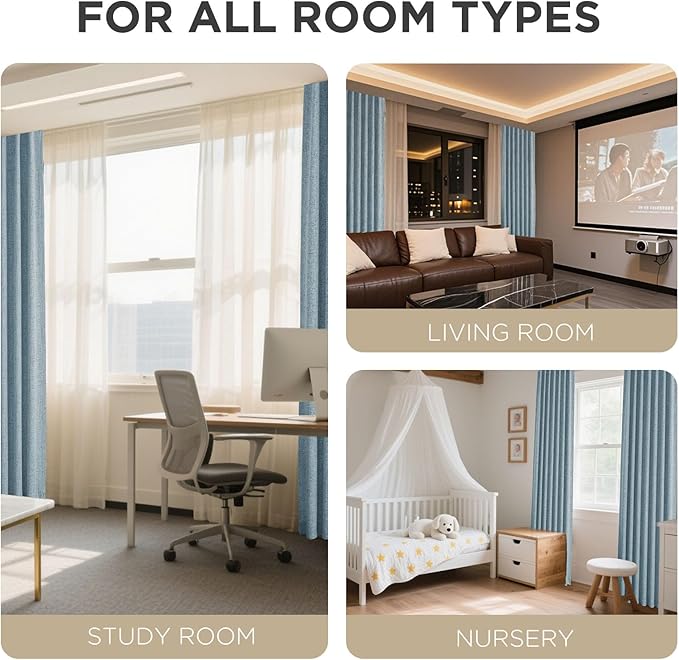 Joydeco Blackout Curtains for Bedroom - 96 Inch Long 100% Light Blocking 2 Panels Sky Blue Drapes, Thermal Insulated Room Darkening Curtains, Linen Textured for Living Room, Rod Pocket & Back Tabs