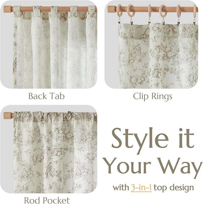 jinchan Linen Floral Curtains for Living Room 84 Inch Length Taupe Printed Flower French Country Curtain Farmhouse Cottage Core Toile Curtains Back Tab Light Filtering Window Drapes Set 2 Panels