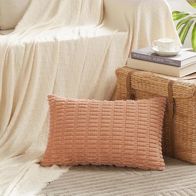 Fancy Homi 4 Packs Peach Decorative Throw Pillow Covers 16x24 Inch for Living Room Couch Bed, Rustic Modern Farmhouse Boho Home Decor, Soft Plush Corduroy Cute Square Accent Cushion Case 40x60 cm