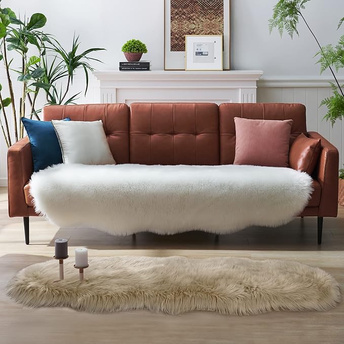 Faux Fur Rug for Bedroom, Fluffy Runner Rugs Soft Sheepskin Rug Sofa Couch Seat Cushion, 2x6ft Beige Plush Area Rug Shag Rugs Floor Carpets for Nursery Bedside, Cute Shaggy Fuzzy Home Decor
