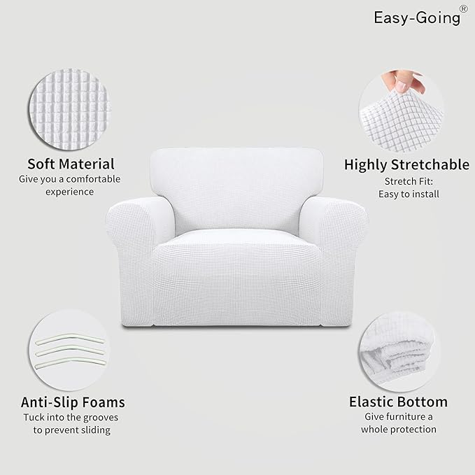 Easy-Going Stretch Oversized Chair Sofa Slipcover 1-Piece Couch Sofa Cover Furniture Protector Soft with Elastic Bottom for Kids Spandex Jacquard Fabric Small Checks Snow White