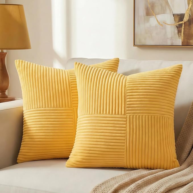 Fancy Homi 2 Packs Yellow Big Decorative Throw Pillow Covers 24x24 Inch for Couch Bed Sofa, Rustic Farmhouse Boho Home Decor, Soft Corss Corduroy Patchwork Accent Square Cushion Case 60x60 cm