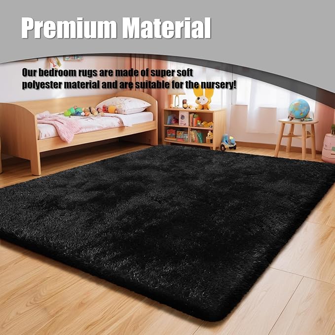 Ultra Soft Fluffy Area Rugs for Bedroom Living Room 10x14, Nursery Rug, Non-Slip Carpet for Kids Dorms Decor, Shaggy Bedside Rug, Black