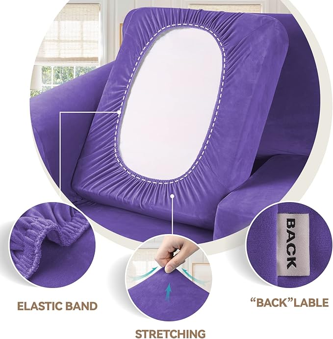 WEERRW Velvet Couch Covers for 2 Cushion Couch Sofa - High Stretch Luxury Velvet Plush 3 Pieces Sofa Slipcovers with Elastic Bottom, Furniture Protector for Pets, Machine Washable, Purple, Medium