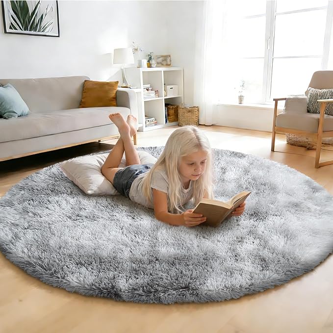 Tie-Dyed Fluffy Round Rug,Soft Area Rugs for Girls Room,Shaggy Rugs 6'X6' for Living Room,Non Slip Circle Rug for Kids Bedroom,Shag Plush Nursery Rug,Plush Carpet for Dorm,Furry Room Decor,Light Grey