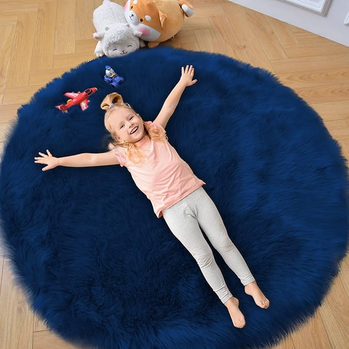 duduta Navy Blue Faux Sheepskin Round Rug 4x4 ft, Fluffy Shag Fur Bedroom Nursery Kids Playroom Rug Dorm Decor Non Slip Washable
