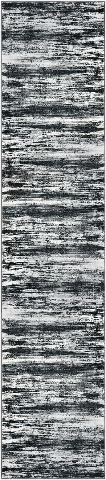 KOZYFLY Modern Abstract Washable Rug Runner 2.6x12 Hallway Rug Runner Non-Slip Soft Kitchen Runner Rugs, Black Navy Blue Grey Striped Carpet for Entryway Bathroom Laundry Room Foyer
