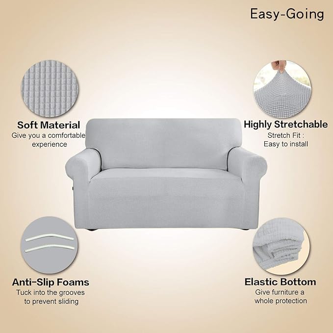 Easy-Going Stretch Sofa Slipcover 1-Piece Sofa Cover Furniture Protector Couch Soft with Elastic Bottom for Kids, Polyester Spandex Jacquard Fabric Small Checks (Sofa, Silver Gray)