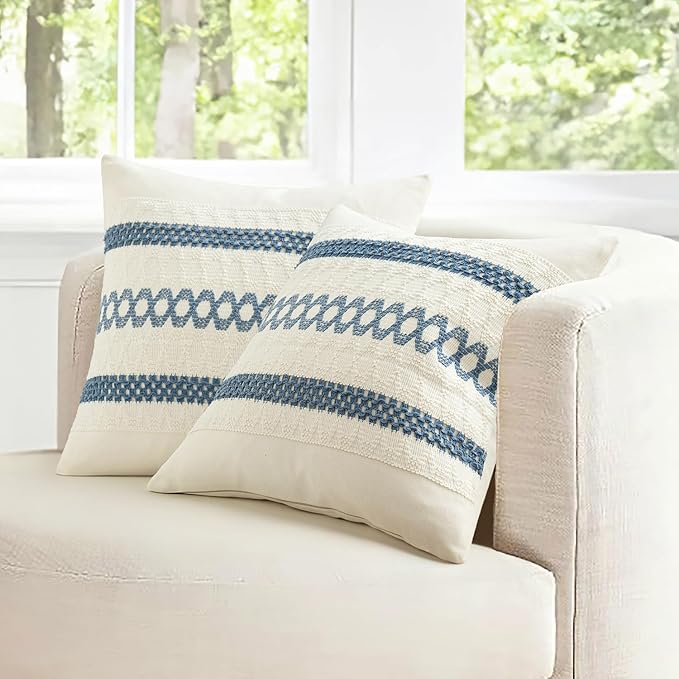 MIULEE Set of 2 Coastal Blue Boho Decorative Pillow Covers 18x18 Inch Farmhouse Rustic Couch Throw Pillows Modern Summer Cotton Cushion Covers Retro Cute Macrame Woven Spring Decor for Bed Sofa Chair