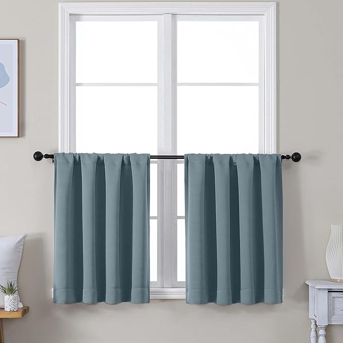 Simplebrand Ava Stone Blue Short 30 Inches Blackout Curtain 2 Panels Set, Half Window Rod Pocket Privacy Curtain Tiers for Kitchen, Curtains Blackout for Bathroom Shades, W30 x L30 Inch, Stone Blue