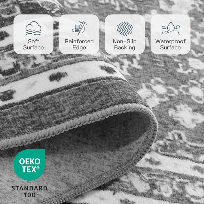 Lofus 9x12 Area Rugs for Living Room, Machine Washable Non-Slip Area Rug, Low Pile Large Rugs for Bedroom, Kitchen, Dining Room, Home Office, Vintage Oriental Print Rug, Light Grey with White