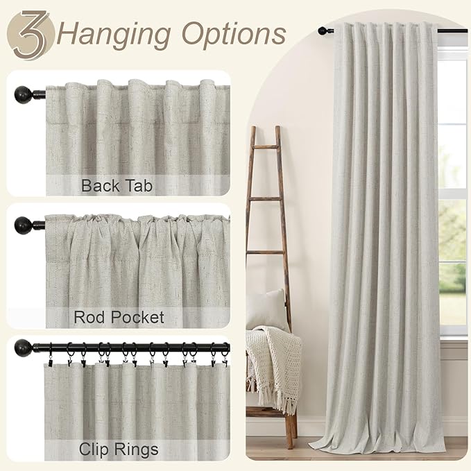 Linen Blackout Curtains 84 Inch Length 2 Panels Set for Living Room Bedroom Back Tab Thermal Insulated 100% Black Out Linen Drape Room Darkening Window Curtain 84 Inch Long Stone Taupe Birch Tan Beige