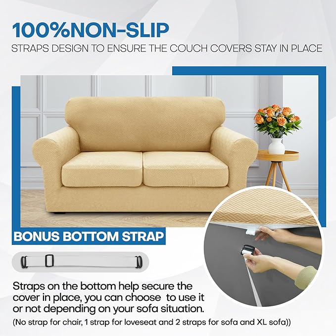 XINEAGE 2026 New 3 Pieces Couch Covers for 2 Cushion Sofa Super Stretch Loveseat Slipcover Pet Dog Universal Slip Cover Anti Slip Love Seat Furniture Protector (Beige, 55"-69")