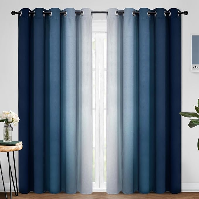 Yakamok Blue and Greyish White Ombre Curtains, Room Darkening Gradient Color Curtains for Bedroom, Light Blocking Thermal Insulated Window Drapes for Living Room(2 Panels, 70x84 Inch)