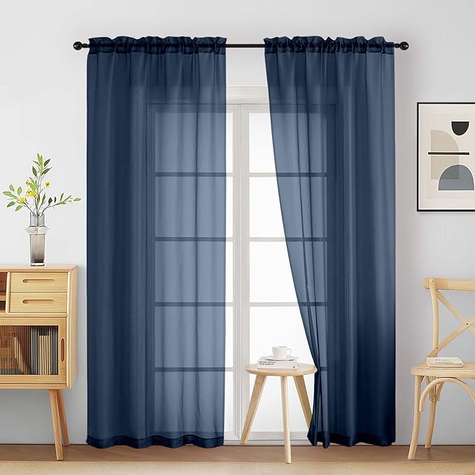 Navy Blue Sheer Curtains 90 Inches Long 2 Panels, Light Filtering Solid Sheer Curtains for Bedroom Living Room, Lightweight Soft Airy Voile Sheer Drapes, Dual Rod Pocket, 2x42Wx90L Inches