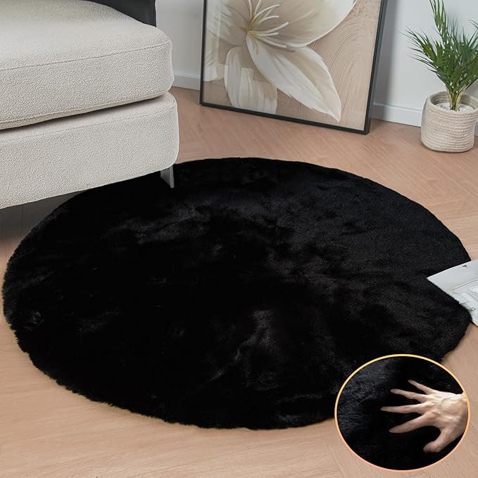 ORINOVA Black Rabbit Shaggy Fur Rug for Bedroom Washable Furry Circle Area Rugs for Living Room Kids Small Round Rug 3ft Nursery Rug