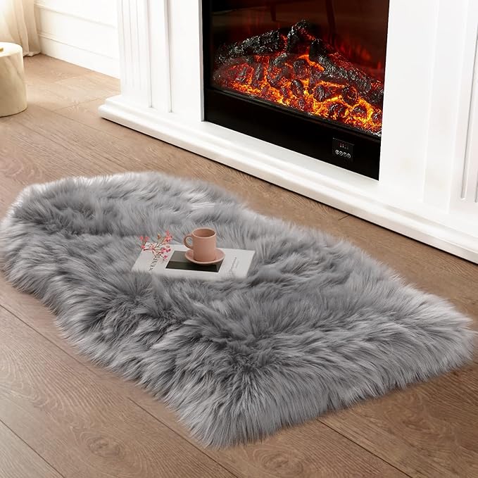 Ciicool Faux Sheepskin Rugs Soft Faux Fur Rug Grey Fluffy Chair Couch Cover Furry Rug for Bedroom Floor Sofa Living Room 2x3 Feet