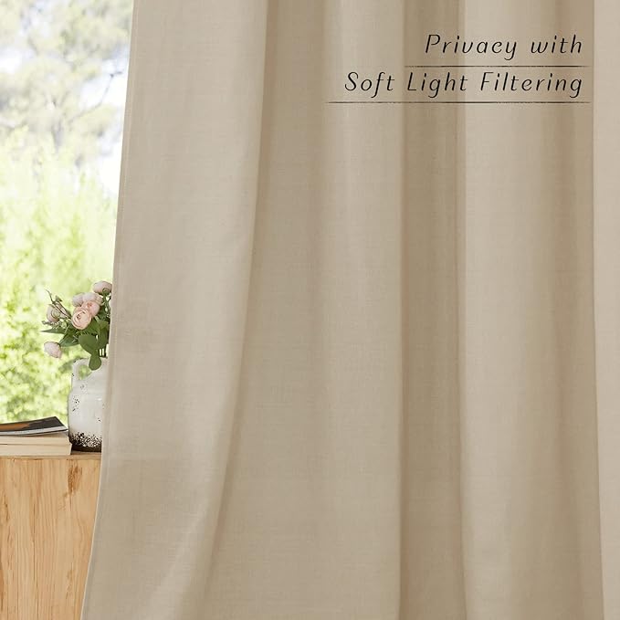 NICETOWN Thick Flax Linen Curtains for Living Room, Rustic Grommet Semi Sheer Privacy Assured Linen Blend Drapes with Light Filtering for Kids Room/Bedroom, Angora, W55 x L90, 1 Pair