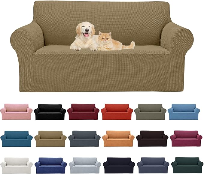 Cupuamon 2026 New Stretch Loveseat Sofa Slipcovers Couch Cover for 2 Cushion Furniture Protector Sofa Covers with Elastic Bottom Jacquard Fabric Small Checks for Pets, Kids - Tan