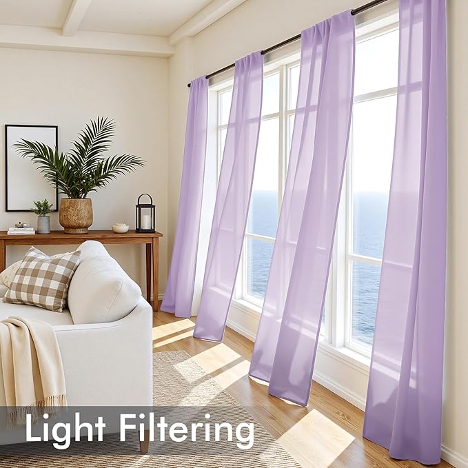 MIULEE Light Purple Sheer Curtains 96 Inches Long, 4 Panels Set, Lavender Light Filtering Rod Pocket Voile Drapes for Living Room and Bedroom, Airy Soft Fabric Window Treatments, 42 x 96 Inches