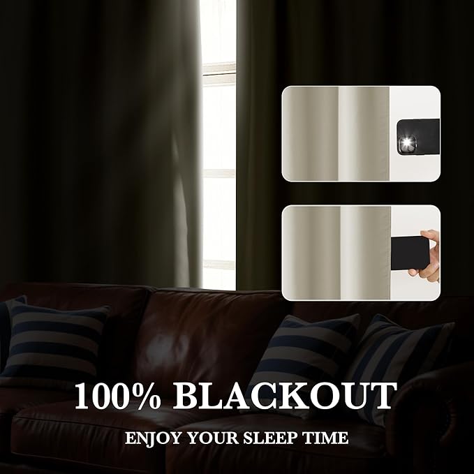 RYB HOME Bedroom Blackout Curtains 84 inches Long, 100% Blackout Thermal Insulated Noise Reducing Curtains for Living Room Nursury, 42 inches Wide by 84 inches Long, Natural