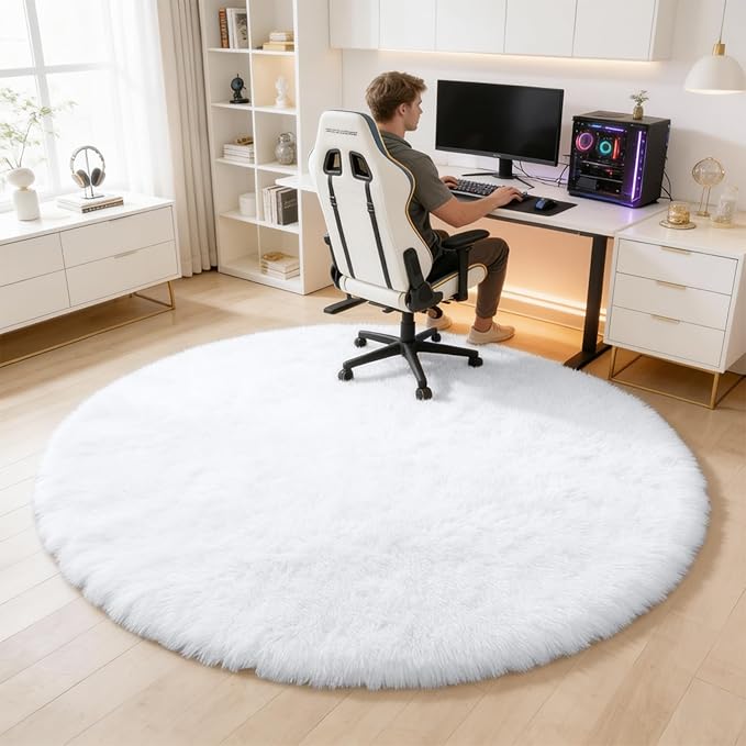 OLANLY White Round Rugs for Bedroom - Machine Washable, 6 ft Circle Area Rugs for Living Room, Soft and Fluffy Shaggy Carpet for Teen Girls and Boys, Nursery Rooms, Dorms, Home Decor Aesthetic