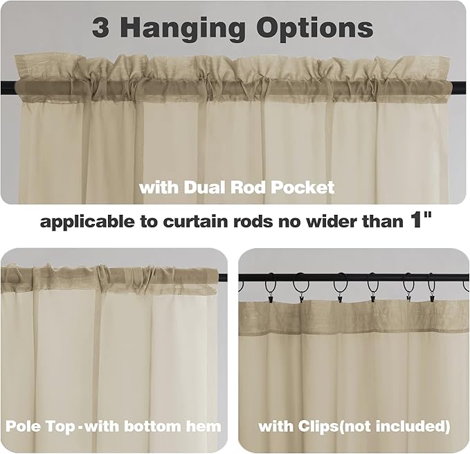 Chyhomenyc Sheer Taupe Valances for Windows 2 Pack, Small Window Curtains for Living Room Bathroom Laundry Basement, Modern Rod Pocket Voile Curtains, 42Wx14L inches
