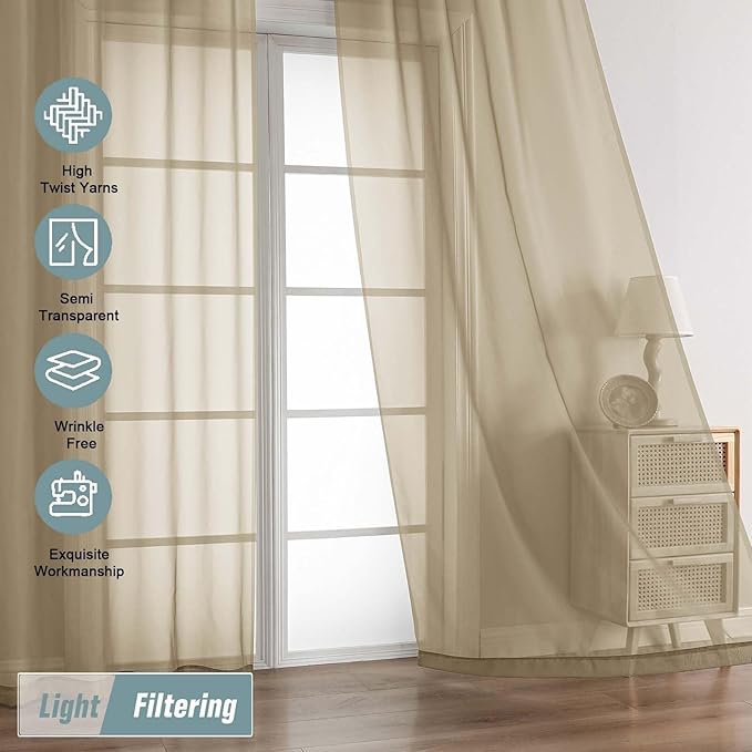 Taupe Sheer Curtains for Window 96 Inches Long 2 Panels Set, Soft Airy Light Filtering Voile Sheer Curtains for Living Room Bedroom, Dual Rod Pocket Elegant Window Drapes, 2x42Wx96L Inches