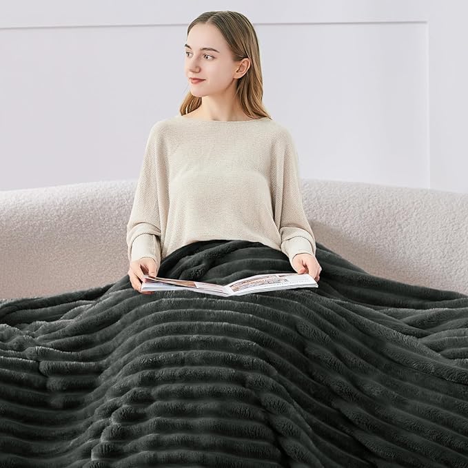BEDELITE Twin Blanket for Couch & Bed, 300GSM Soft & Warm Fleece Blanket, Decorative and Giftable Striped Charcoal Grey Blankets for Women, Men, 60"x80"