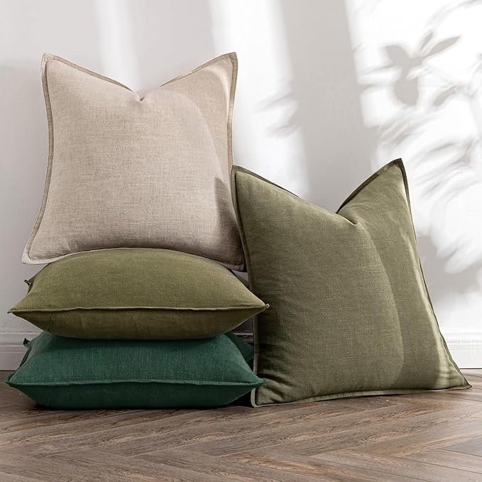 MIULEE Neutral Green Linen Pillow Covers Pack of 4 Decorative Natural Solid Throw Pillow Covers Accent Boho Farmhouse Couch Pillowcases Modern Spring Home Decor for Living Room Bed Sofa 18x18 Inch