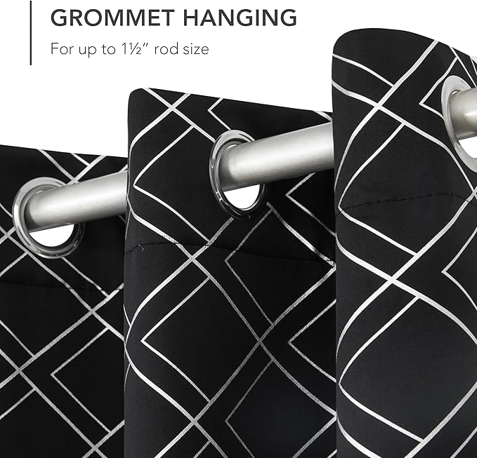 Deconovo Black Out Curtains for Bedroom Livint Room Nursery (42x72 Inch, Black/Silver, 2 Panels) Geometry Silver Patterned Room Darkening Curtains, Thermal Insulated Soundproof Drapes