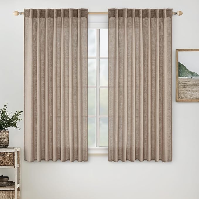 MIULEE Taupe Linen Curtains 54 Inch Length 2 Panels for Bedroom Living Room, Soft Thick Linen Textured Natural Short Window Drapes Semi Sheer Light Filtering Back Tab Rod Pocket Burlap Look Decor